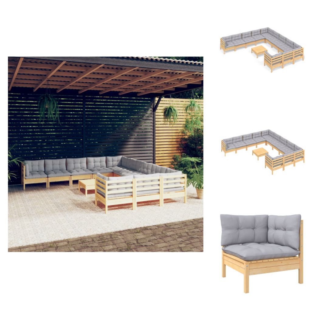 vidaXL 12-tlg. Garten-Lounge-Set mit Grauen Kissen Kiefernholz - Gartenmöbel-Sets