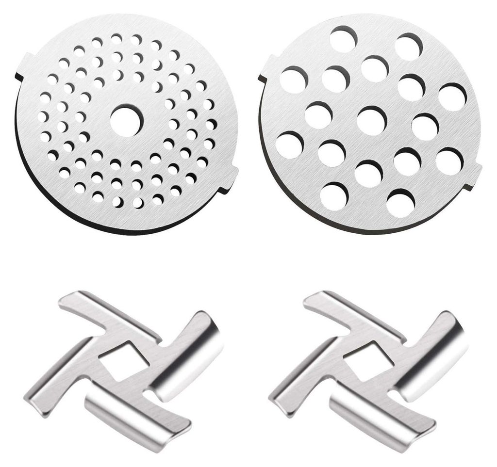 A set of four meat grinder accessories, including two cutting blades and two grinding plates, arranged on a white background.