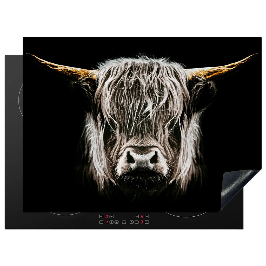 KitchenYeah Herdabdeckplatte Schottischer Highlander - Gold - Hörner - Schwarz und weiß - Kuh - Tiere , 71x52cm, Küche Deko, Glaskeramikkochfe...