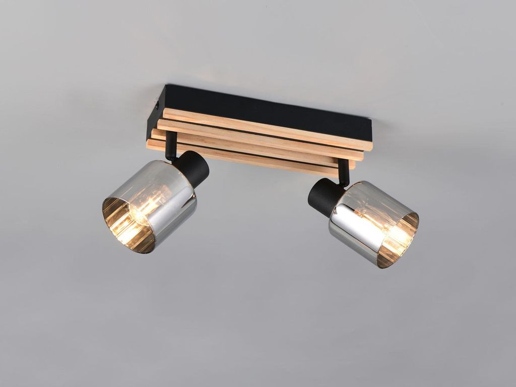 LED Deckenstrahler 2-flammig Rauchglas Schwarz & Holzlamellen, Länge 38,5cm
