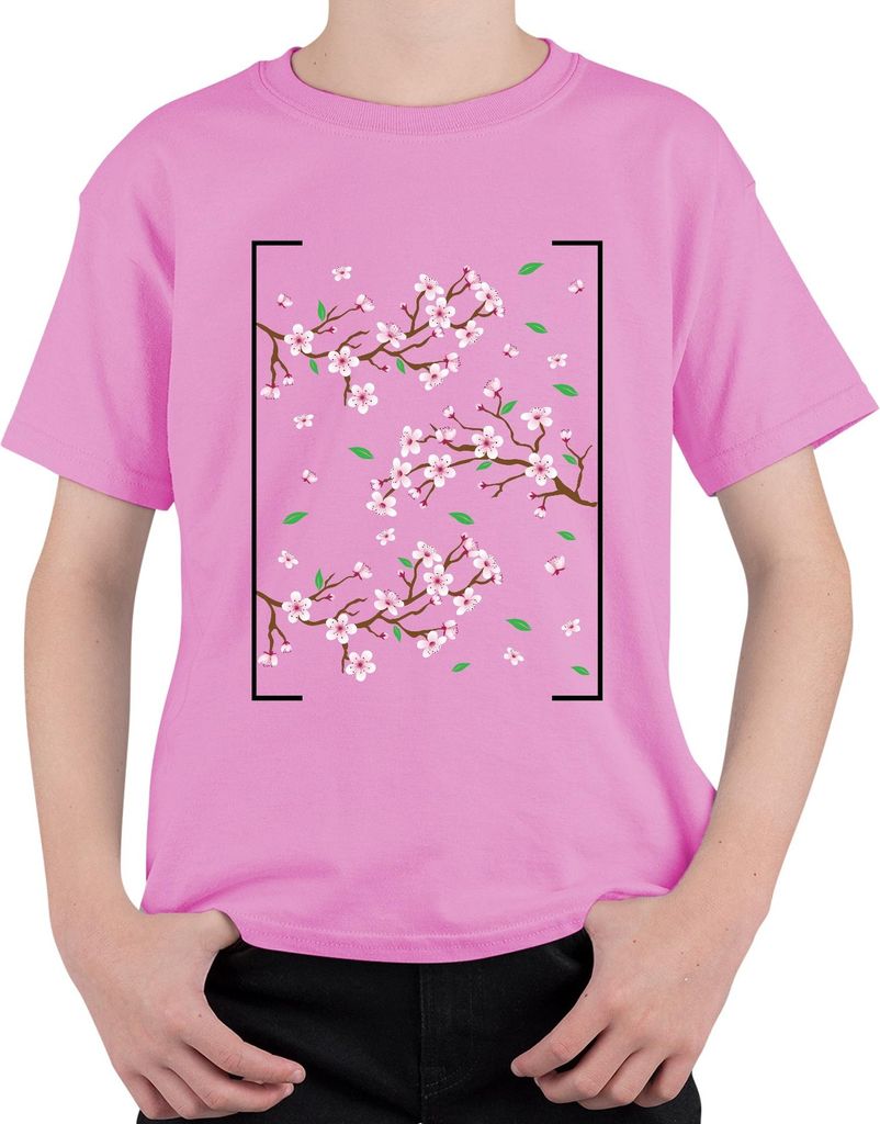 Kirschblüten Sakura Zweige Frühling Japanisch Blütenmuster Stil Uni Kinder T-Shirt, Pink, 128