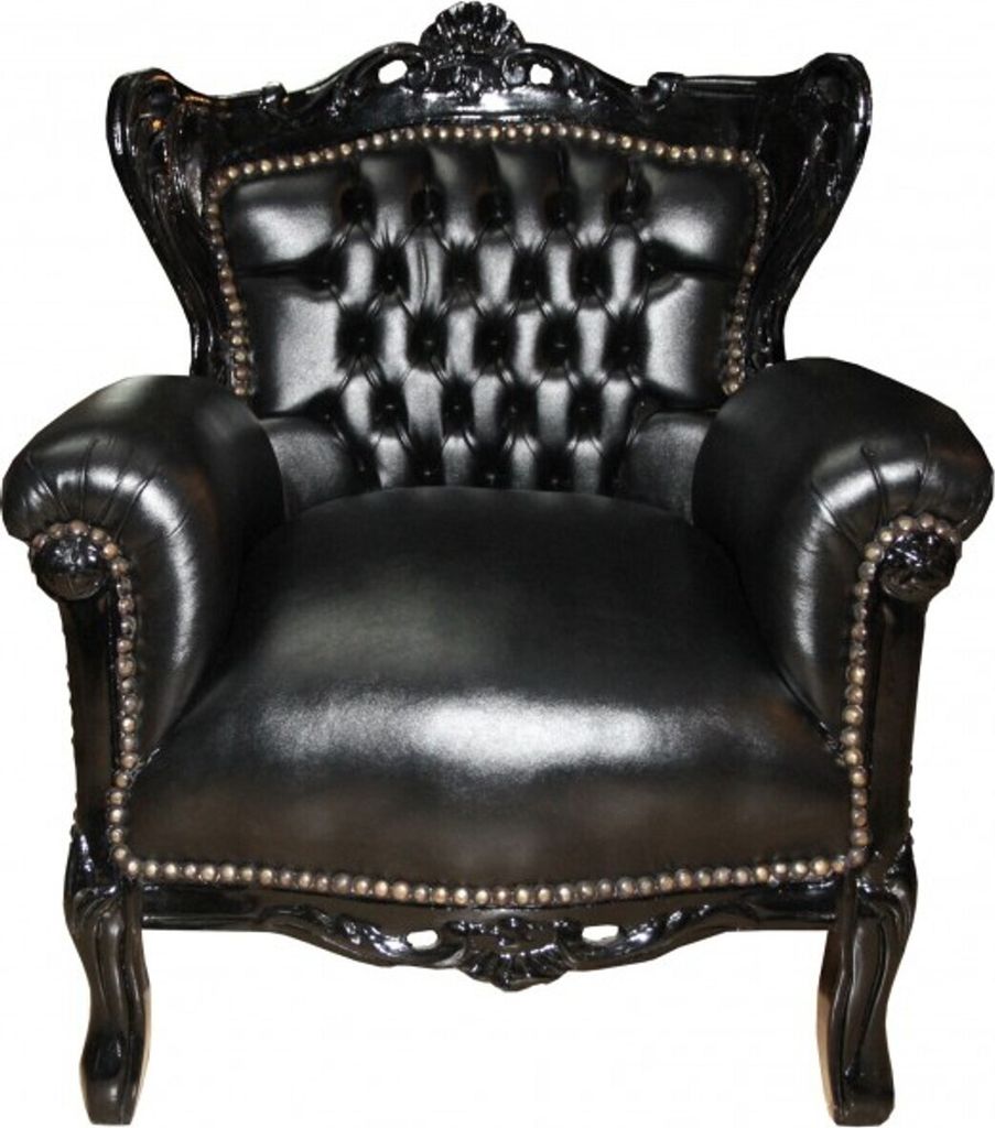 Casa Padrino Barock Kinder Sessel Schwarz / Schwarz Lederoptik