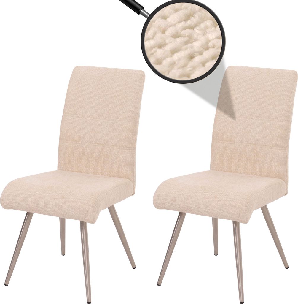 2er-Set Esszimmerstuhl HWC-G55, Küchenstuhl Lehnstuhl, Edelstahl gebürstet Stoff/Textil Chenille creme