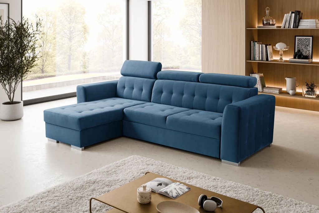 Ecksofa ZARA (265 x 175 cm) – LINKE SIETE, verstellbare Kopfstützen, ausziehbar, elegante Rückenlehne, funktionaler Bettkasten, KRONOS 05 – Blau