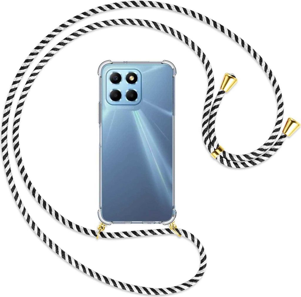 Handykette Backcover-Schutzhülle mit Band (Metall goldfarben) für Honor X8 5G (VNE-N41, 6.5'') - schwarz/weiß gestreift