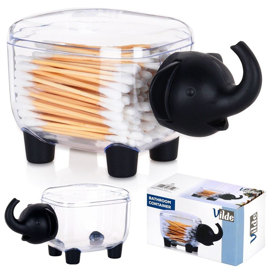 A product shot of a clear plastic elephant-shaped container filled with cotton swabs, shown with its packaging.