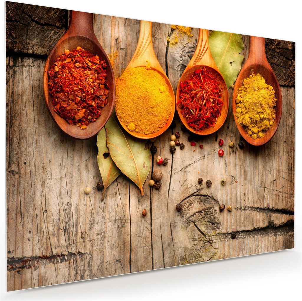 Glasbild Wandbild Gewürz auf Holztisch 80x60cm in XXL für Wohnzimmer, Schlafzimmer, Badezimmer, Flur