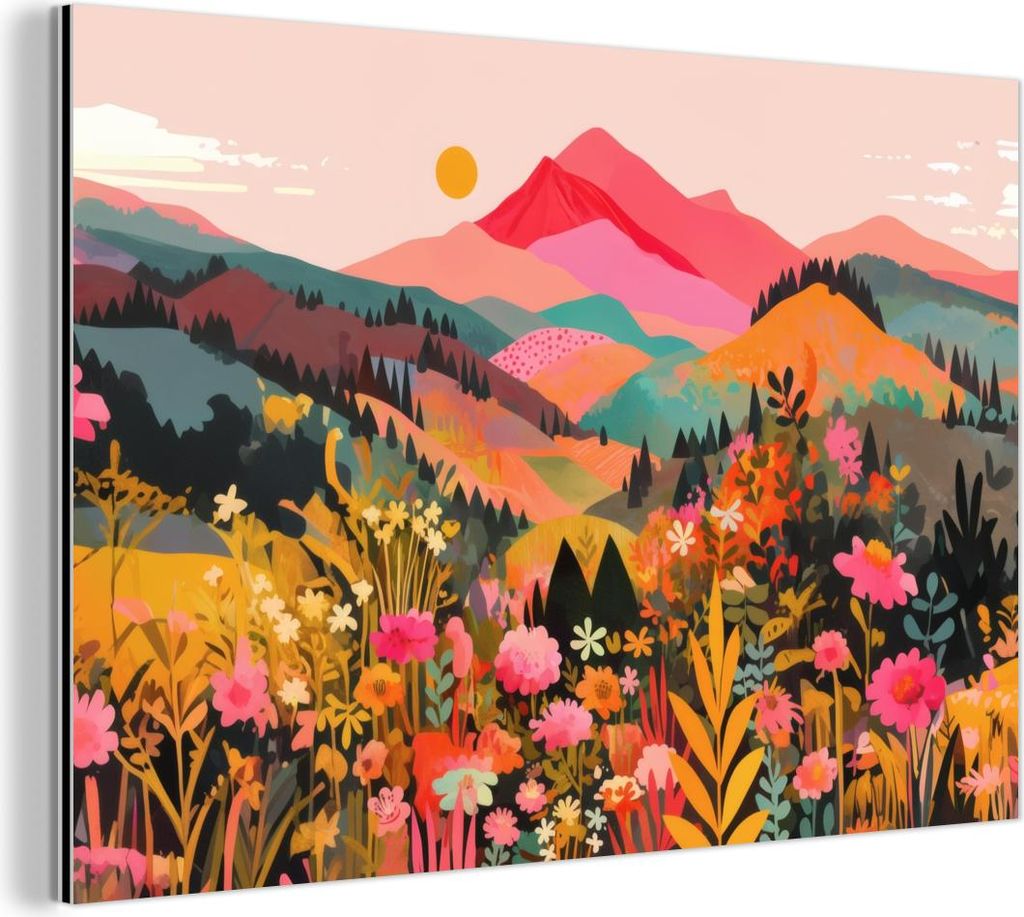 MuchoWow Wanddekoration Metall Metallbild Wandkunst 120x80 cm Sonnenuntergang - Bergtal - Kontrast MuchoWow Aluminium Gemälde - Alu Bild