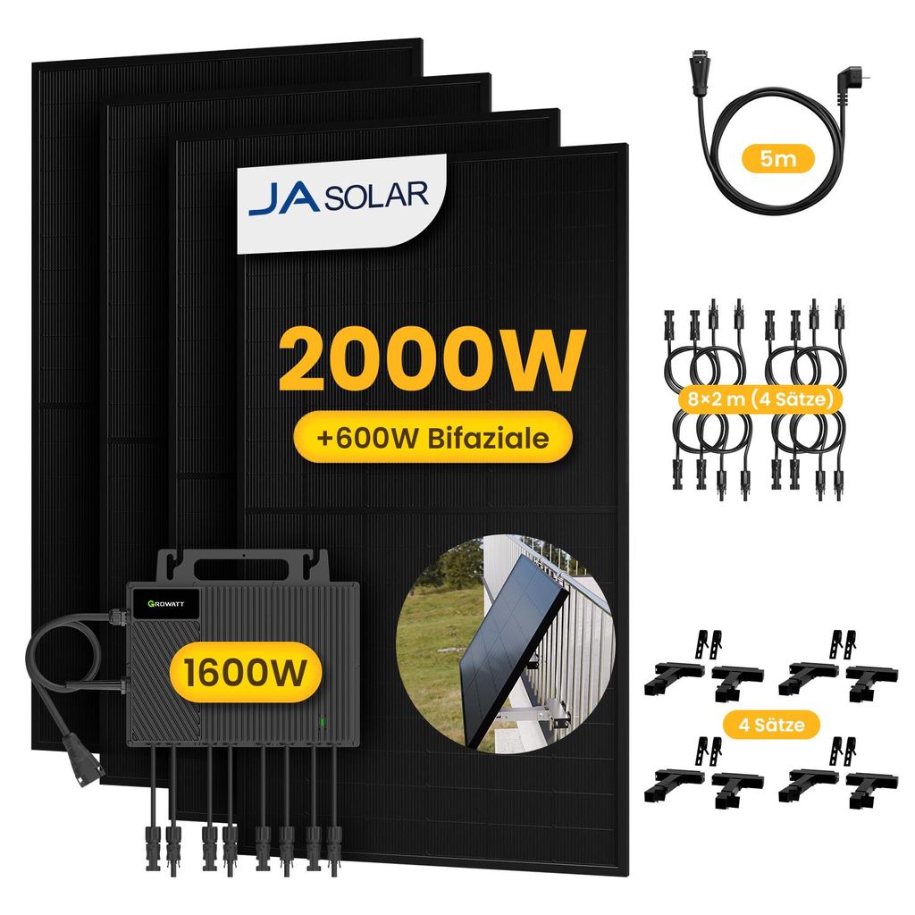 Powerness Balkonkraftwerk, 4x JA Solar 500W Bifazial Glas-Glas Module & Growatt NEO 1600M-X2 Mikro-Wechselrichter, 8x MC4 Kabel, 4x Balkon-Halterung