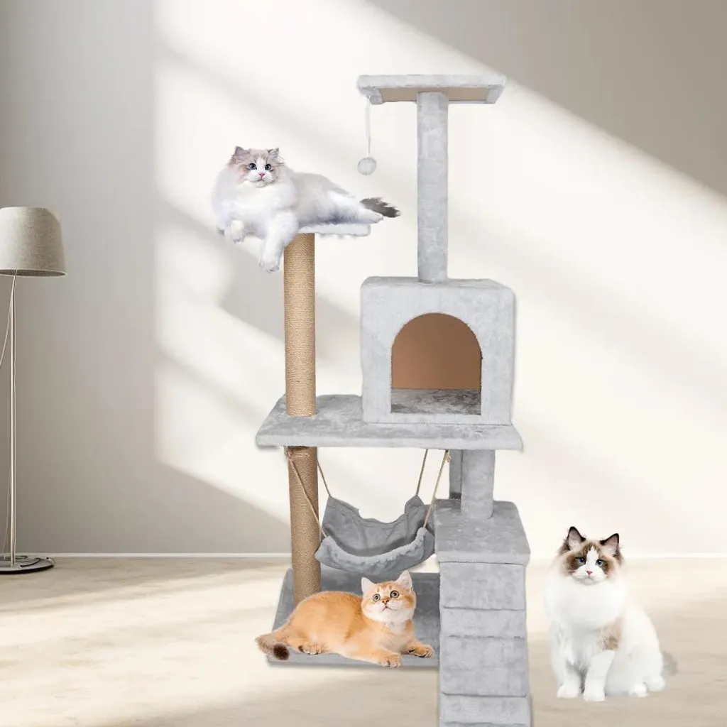 Tiragraffi Gatti 125cm Grigio: Torre 4 Livelli con Amaca e Grotte