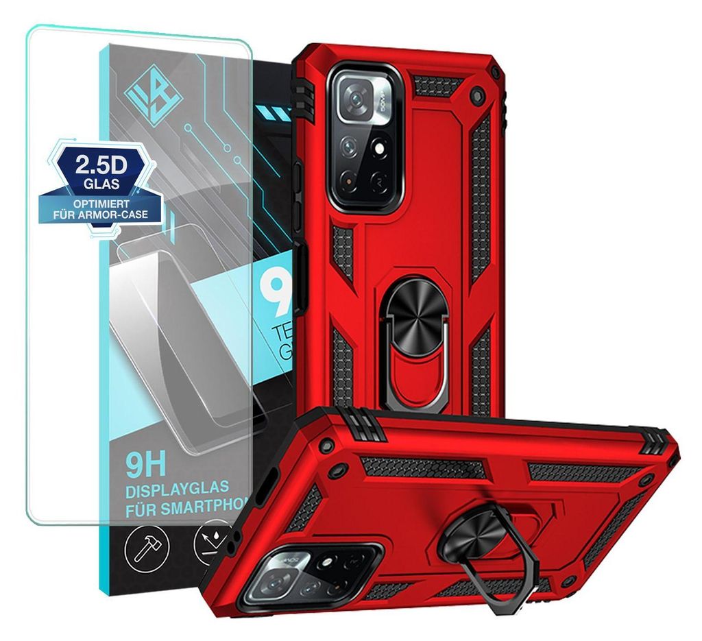 Armor Outdoor Handyhülle für Xiaomi Redmi Note 11 / 11S Handy Panzer Case Schutzhülle mit 9H Displayglas Displayschutz Farbe: Rot