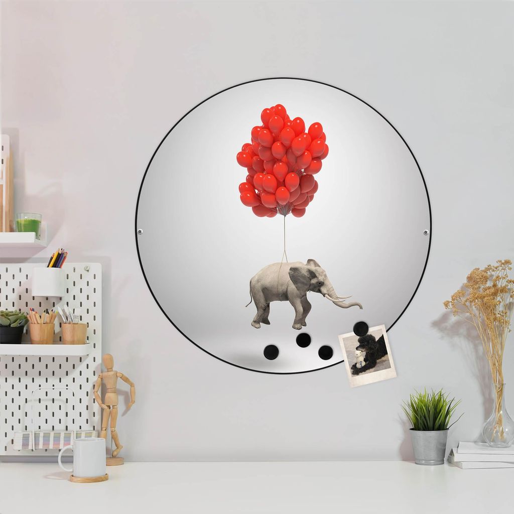 Design Stahlmagnettafel Schwarz Rund 47cm Fliegender Elefant
