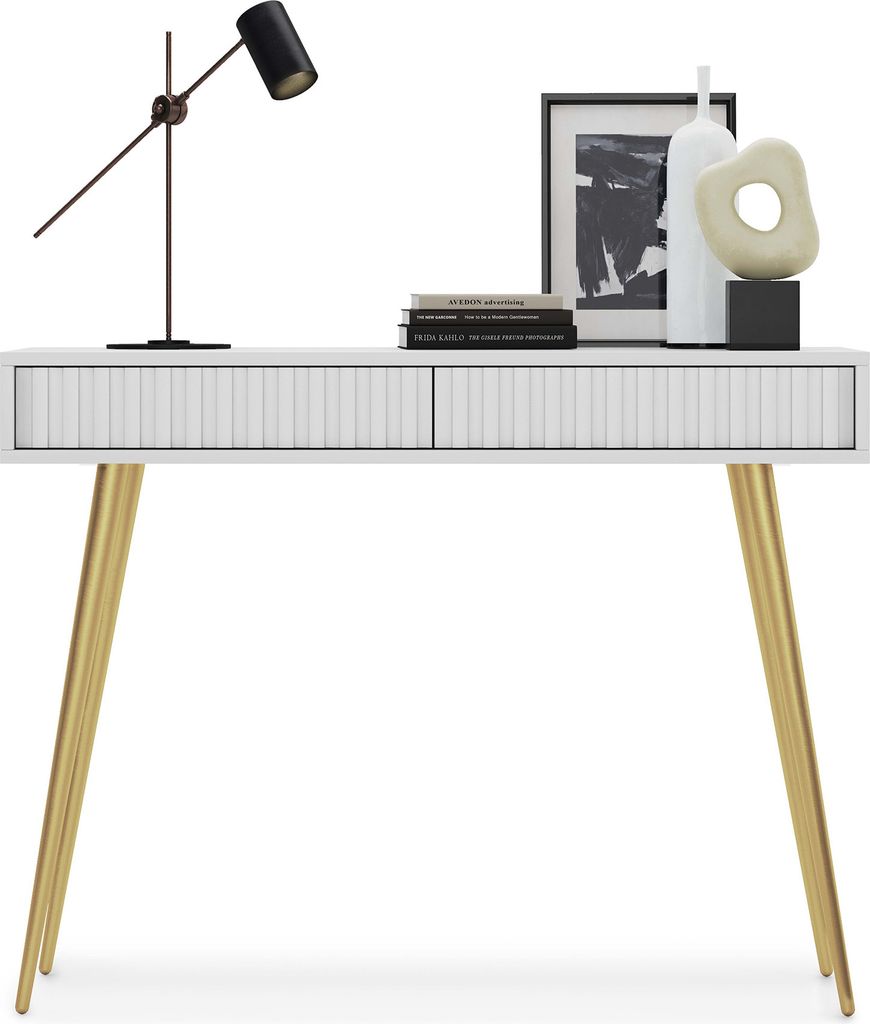 Selsey Konsolentisch Bello 104 cm Weiß Goldene Beine 2 Schubladen