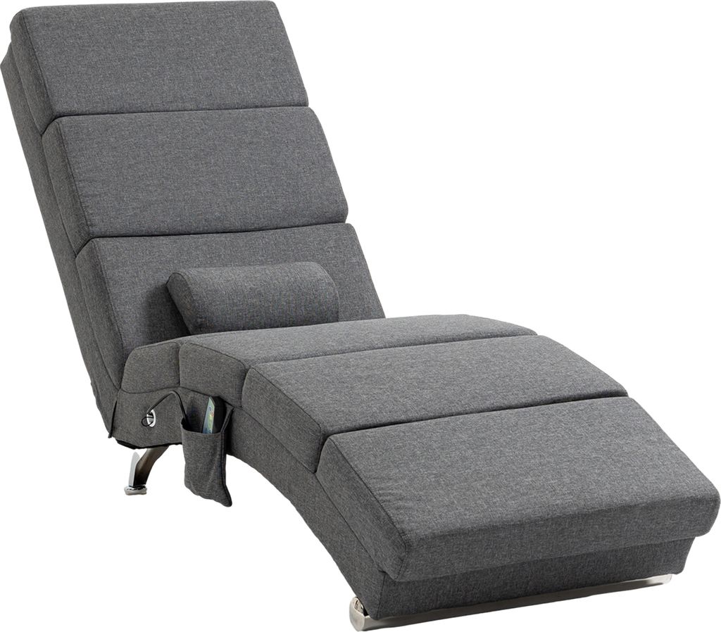 A grey fabric chaise lounge chair with a headrest and a side pocket.
