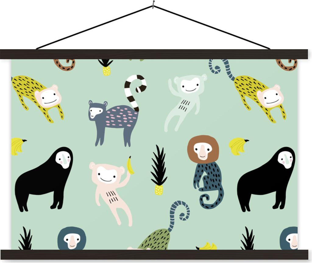 MuchoWow Textilposter Affe - Obst - Pastell 120x80 cm mit schwarzem Rahmen - Wanddeko