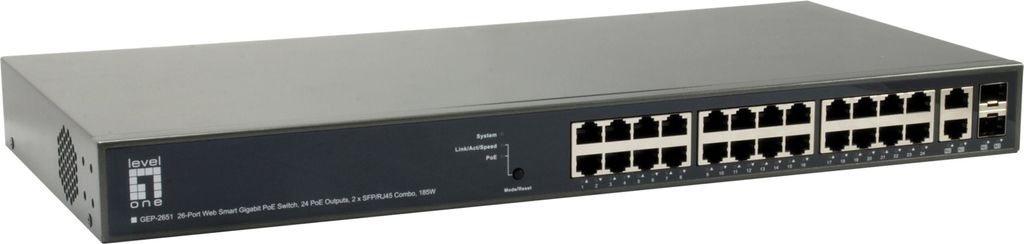 26-Port Web Managed GE PoE+ Switch, 2x SFP/RJ45 Combo (185W) Hersteller: LEVELONE (GEP-2651)