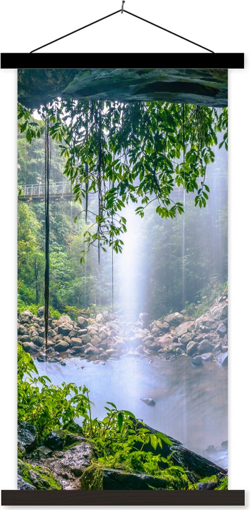 MuchoWow Textilposter Dschungel - Regenwald - Wasser - Wasserfall - Pflanzen 90x180 cm mit schwarzem Rahmen - Dekoration Wohnzimmer