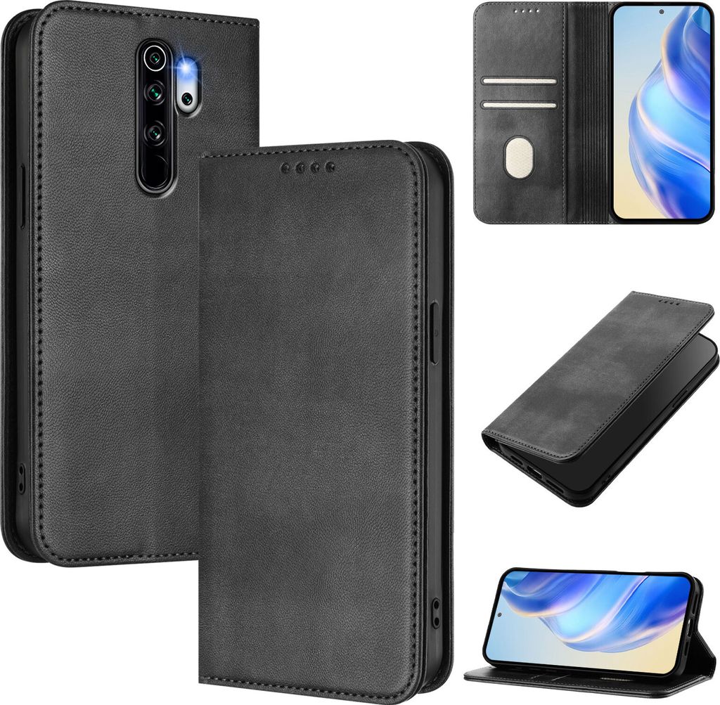 Handyhülle für Xiaomi Redmi Note 8 Pro, Vintage Leder RFID Schutz Kartenfach Standfunktion Magnetische Klapphülle Schwarz