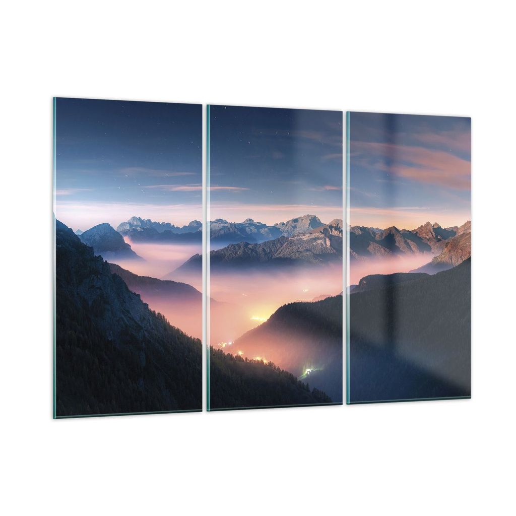 Bilder auf glas - 3 Teile - Berge Wolken Nebel - 105x70cm - Glasbilder - Wandbilder - Bilder - zum Aufhängen bereit - Wanddekoration aus Glas - Gl...