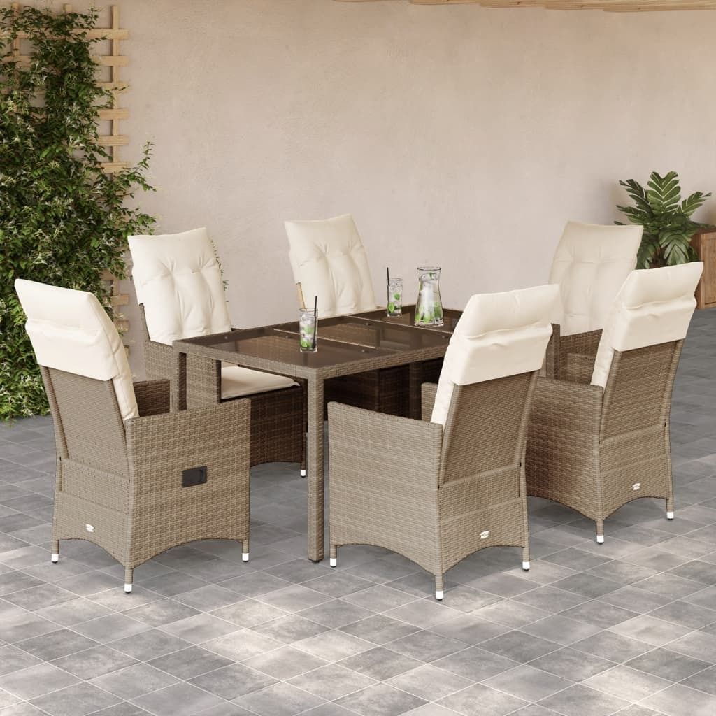 "2026 Promotion" 7-tlg. Garten-Essgruppe - mit Tisch und Stühlen - mit Kissen - Beige Poly Rattan - Gartenmöbelset CC13515