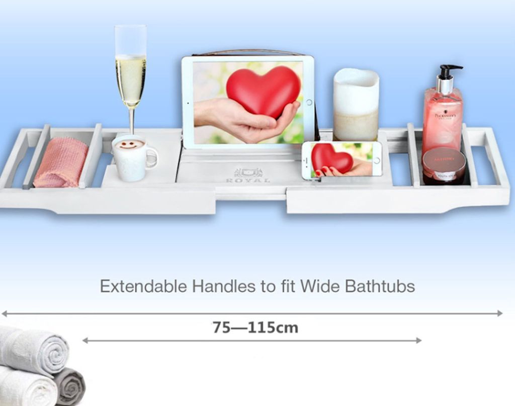 Decopatent Badewannenablage - Ausziehbar 75 -> 110 cm - Verstellbares Bambusbrett für die Badewanne - Buchhalter - Tablet-Halter - Weiß