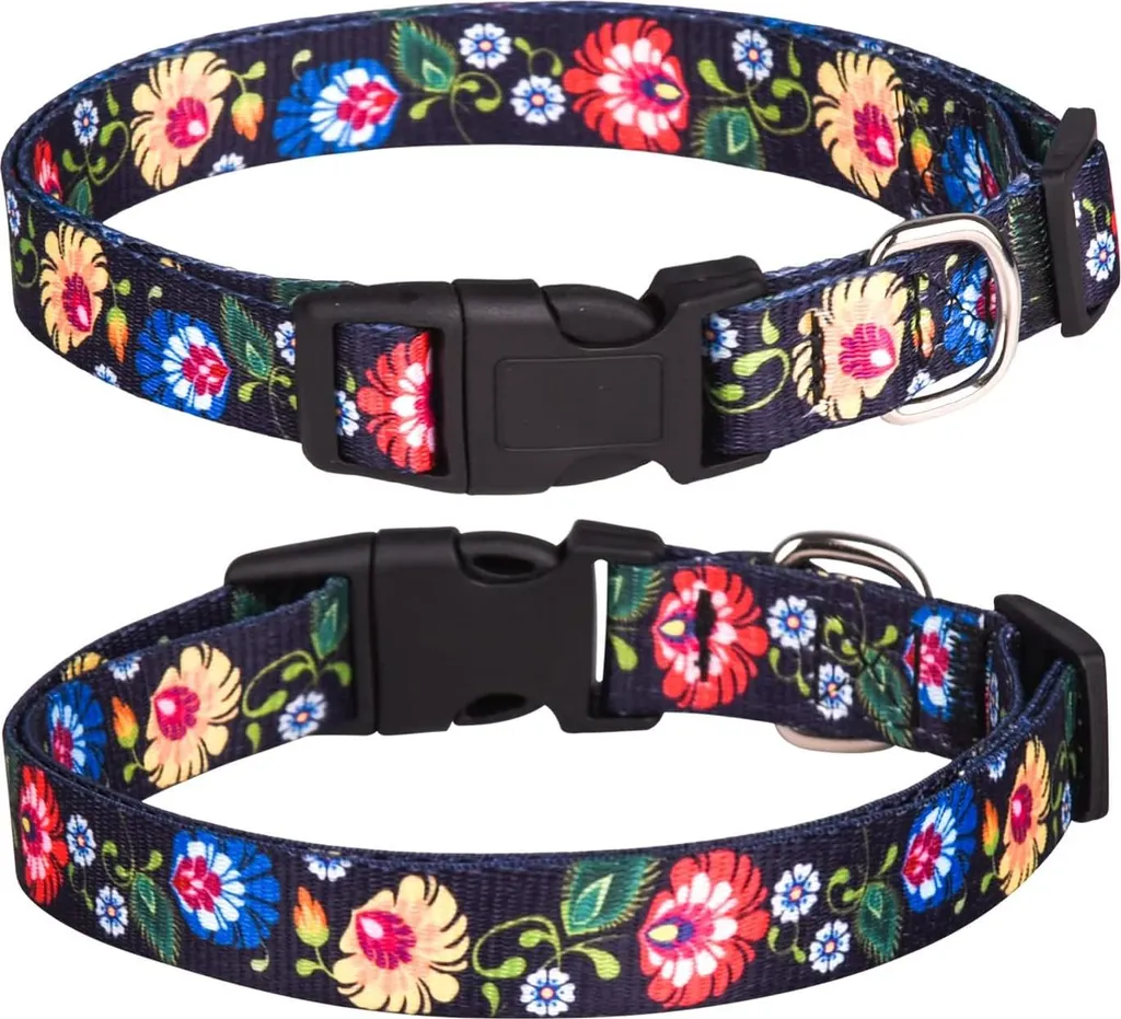 Collier pour chien noir réglable chic à fleurs taille L 38-61cm souple
