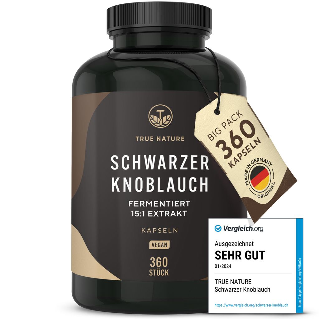 A bottle of black garlic capsules with a tag and a review badge.