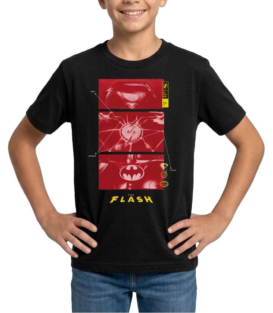 Spreadshirt The Flash Anzüge Supergirl Flash Batman Mit Logos Teenager T-Shirt, 134/146 (9-11 Jahre), Schwarz