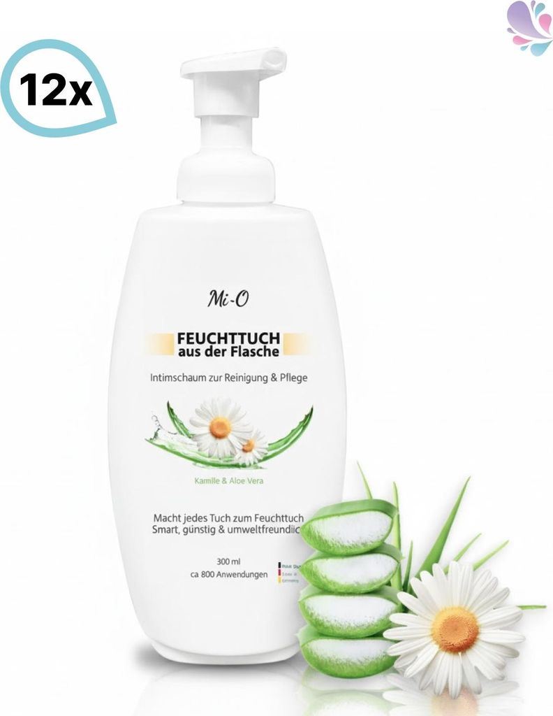 Feuchttuch aus der Flasche 12x300ml, Intim Reinigungsschaum Mi-O, ultra ergiebig, Alternative für Feuchttücher