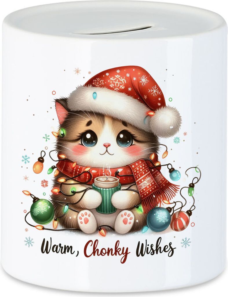 Warm Chonky Wishes Lustiges Katzenmotiv Spardose Geschenkidee witziges Design Weihnachten