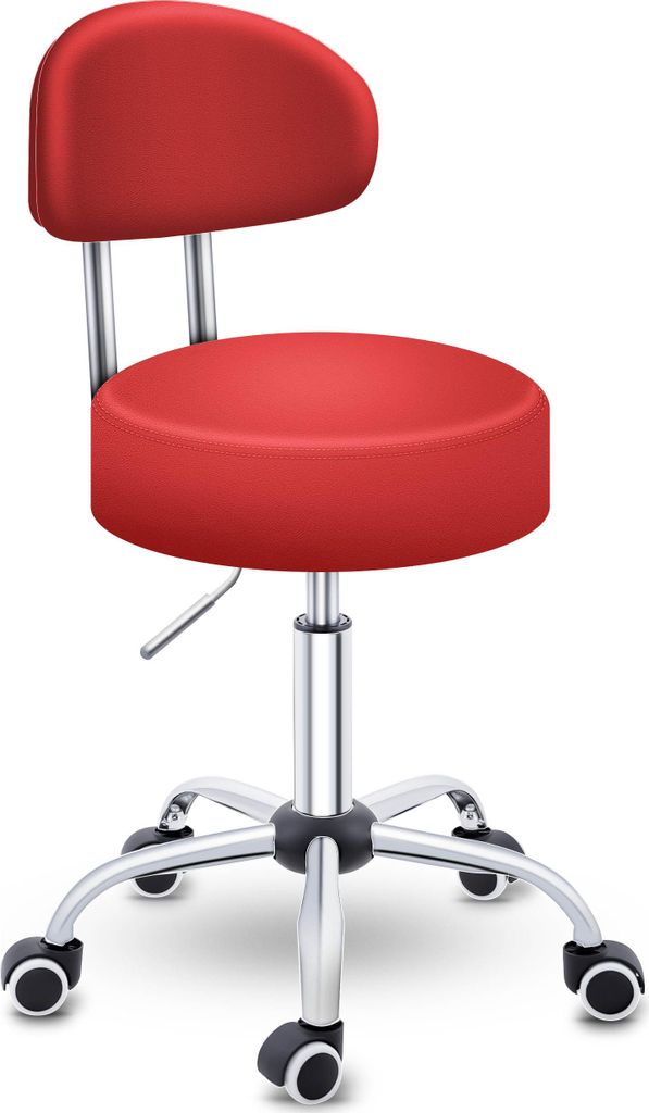 TRESKO Rollhocker mit Lehne 150 kg Rot | Arbeitshocker höhenverstellbar 46-58 cm | Drehhocker mit Rollen | Bürostuhl Hocker Drehstuhl Kosmetikh...