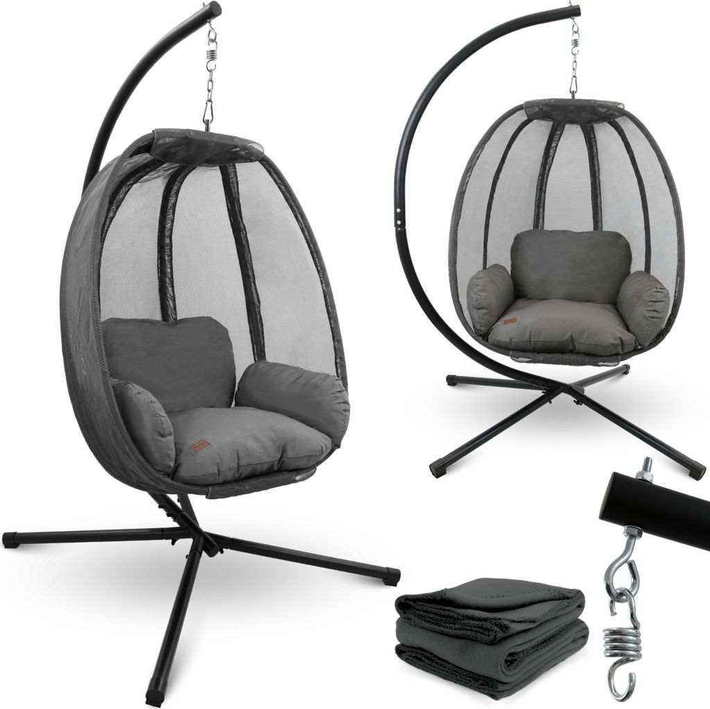 deluxe4home Hängesessel mit Gestell Anthrazit I Hängekorb mit Kissen & Kuscheldecke I Hängeschaukel Sessel Indoor & Outdoor I Terrassenschaukel