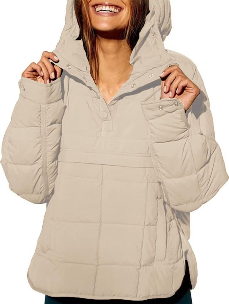 ASKSA Damen Pufferjacke Stepppullover Gesteppt Kapuzenpullover Langarm Jacke Leichte Warme Wintermaentel, Beige, M