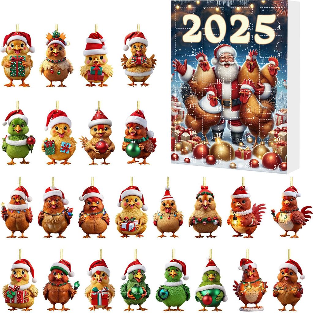 2025 Weihnachts-Adventskalender, Hühner-Ornamente, 24-Tage-Countdown-Kalender, Weihnachtsbaum-Dekoration, 2D-Acryl, Sammlerstück, Cartoon-Hühner...