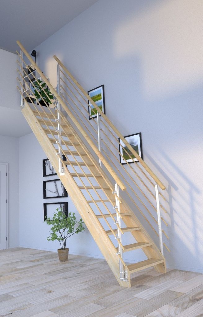 Holztreppe Korfu gerade-Design Geländer Holzrundstäbe-beidseitig-ohne Setzstufen