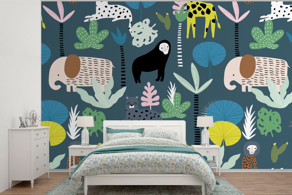 MuchoWow Fototapete für Wohnzimmer oder Schlafzimmer Wandtapete Vinyl Motivtapete Tiere - Pflanzen - Dschungel - Blau - 330x220 cm - Fototapeten