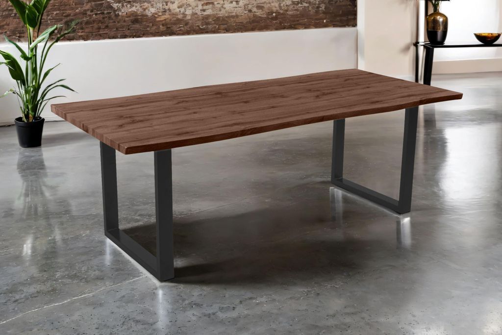 Esstisch Josy | 240 x 100 cm | Holz Nussbaum-Optik | U-Gestell Metall schwarz | 40 mm Tischplatte mit Baumkante | Tisch für Esszimmer & Küche