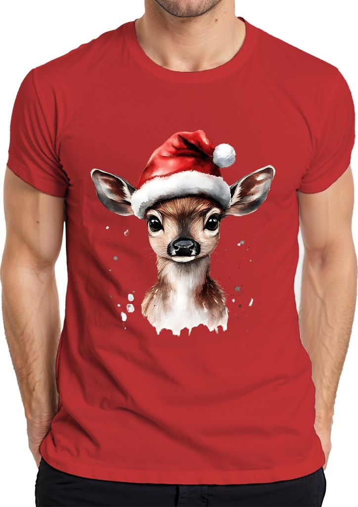 Rehkitz Weihnachten niedlich Aquarell Weihnachtsmann Hut Geschenk Herren T-Shirt, Rot, M