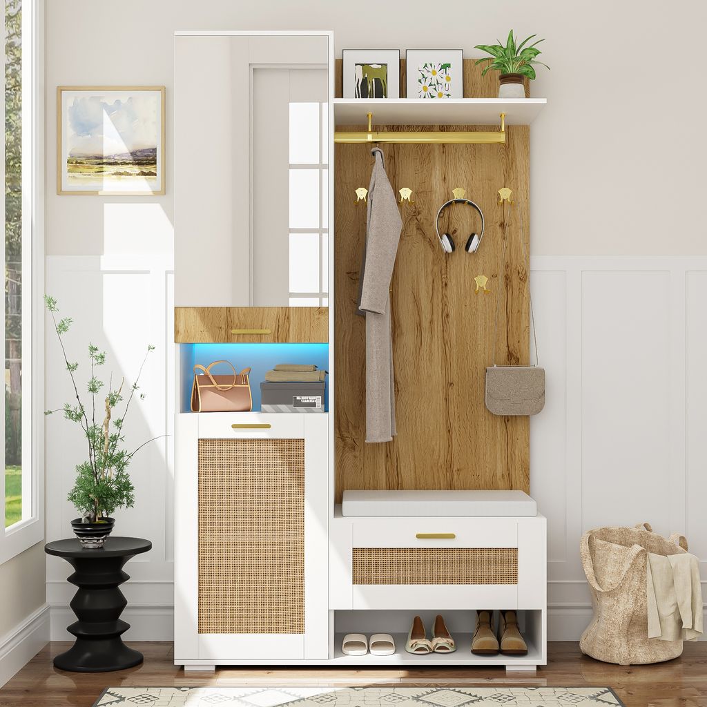 okwish Garderobenset, Kleiderschrank-Set mit Spiegel, 110 x 38 x 190 cm Weiß und Holzoptik, Goldener Kleiderhaken, Schuhschrank, Wandgarderobe, ob...