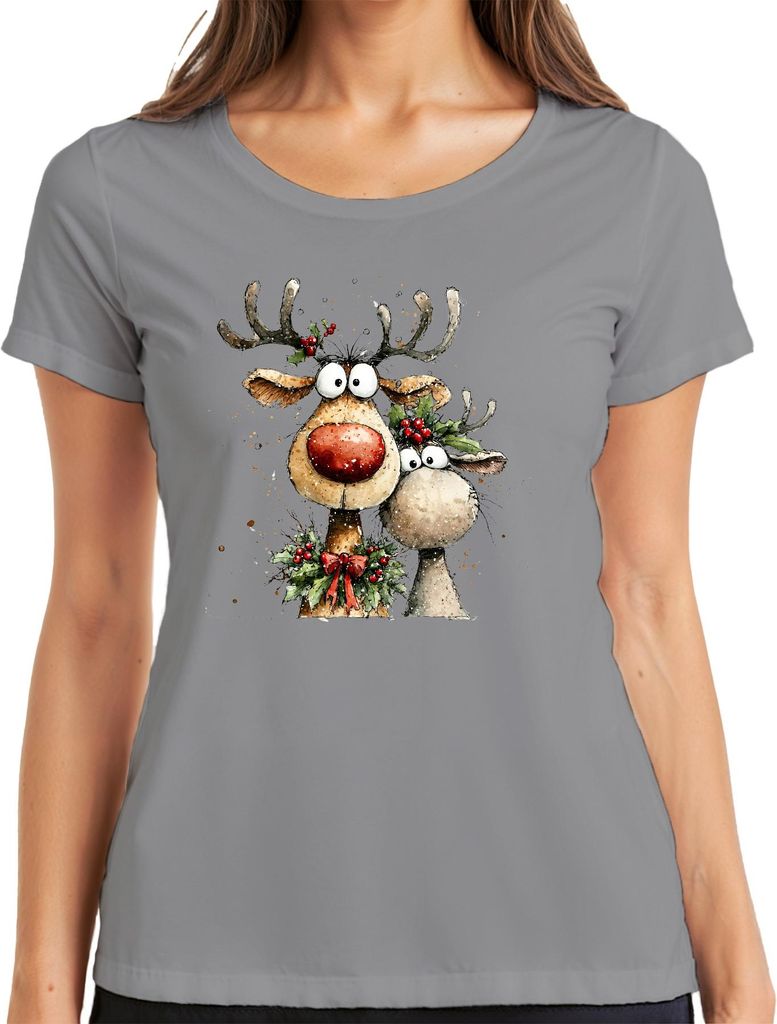 Lustige Rentiere Rotnase Weihnachten Geschenk Aquarell Niedlich Damen T-Shirt, Grau, L