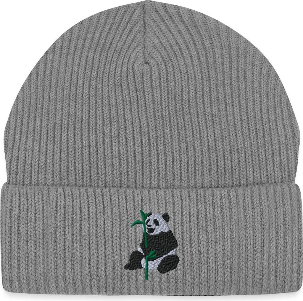 Spreadshirt Pandabär Mit Bambus Stickerei Fisherman Beanie Bio Mütze, One size, Hellgrau marmoriert