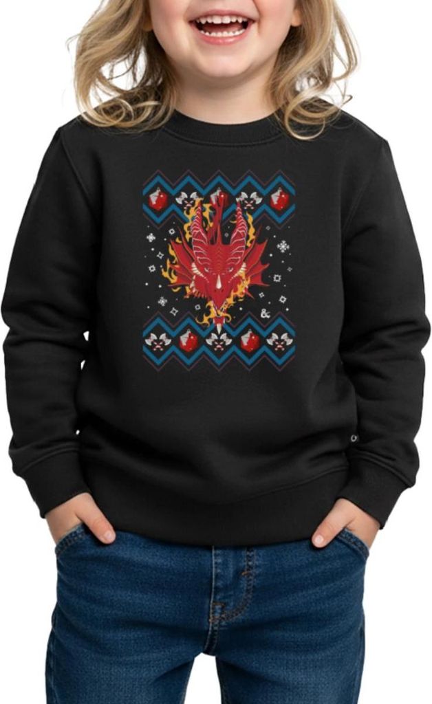 Spreadshirt Dungeons & Dragons Drachenkopf Ugly Christmas Kinder/Teenager Premium Pullover, 98/104 (2 Jahre), Schwarz