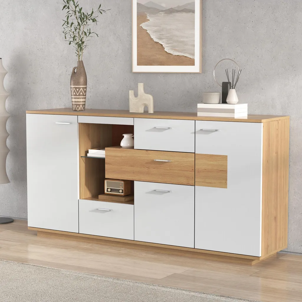 OKWISH Buffet Vaisselle 160x40x77 cm Naturel avec LED Intégrées - 9