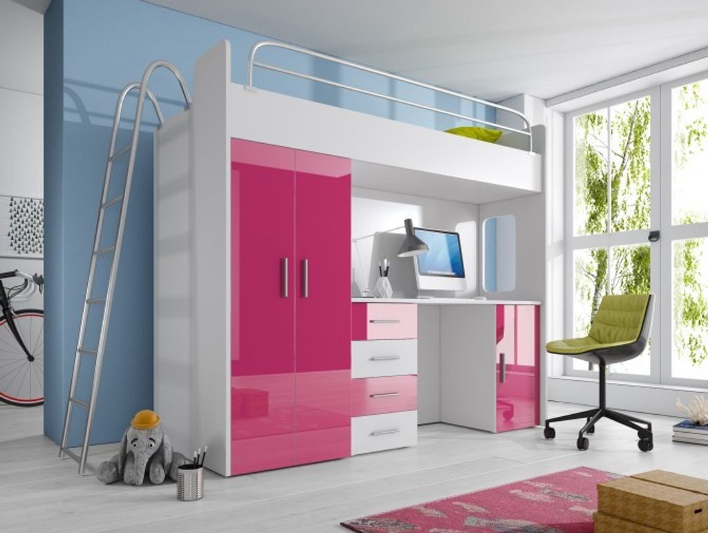 Etagenbett TOMI 4d , Hochglanz Kinderbett Hochbett , OHNE Matraze und Lattenrost (Weiss / Rosa )