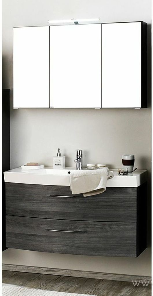 Badmöbel Waschtisch & Spiegelschrank Set FLORIDO-03 Eiche rauchsilber, graphitgrau, 100cm