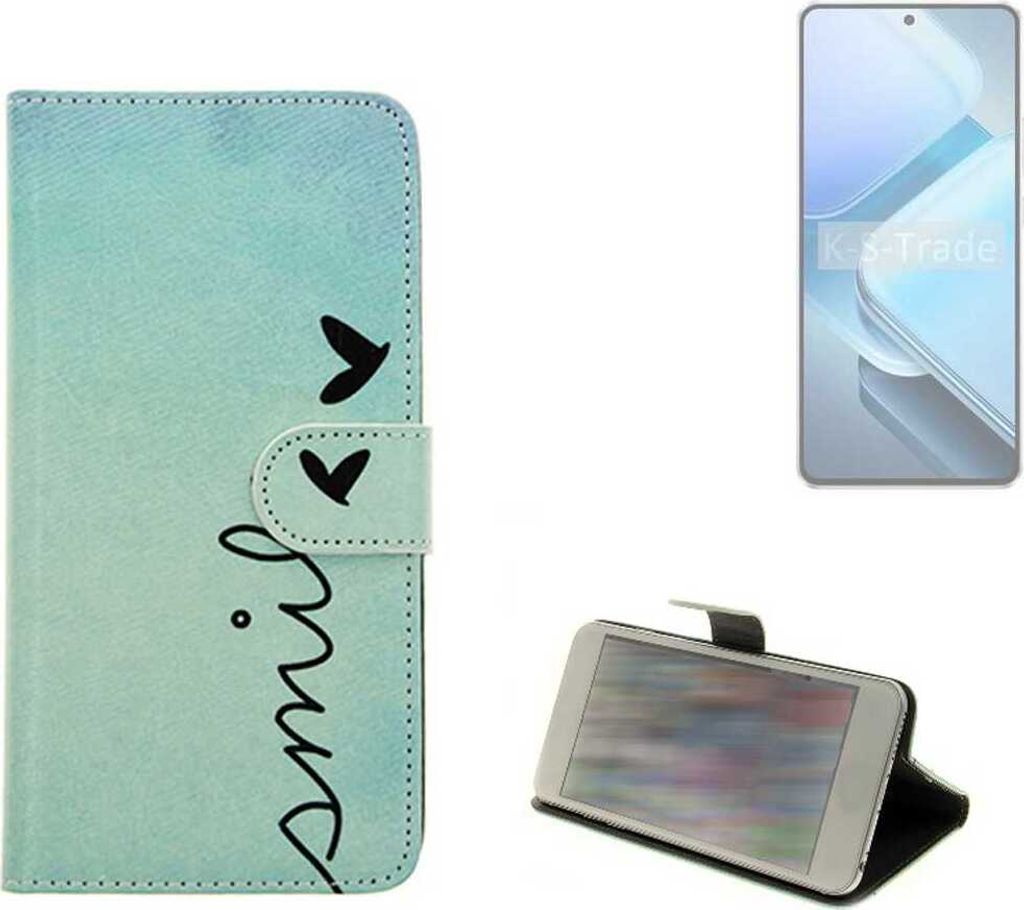 K-S-Trade Schutz Hülle Handy Hülle kompatibel mit Vivo iQOO Z9 V2361A Hülle Handyhülle cover bookstyle Etui Handyhülle “smile“ türkis