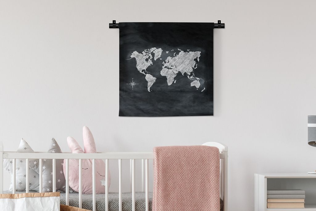 MuchoWow Wandteppich Wandbehang Weltkarte - Weiß - Kreidetafel 60x60 cm Tapisserie Dekoration Wandtuch - Dekorationen - Wand Decke