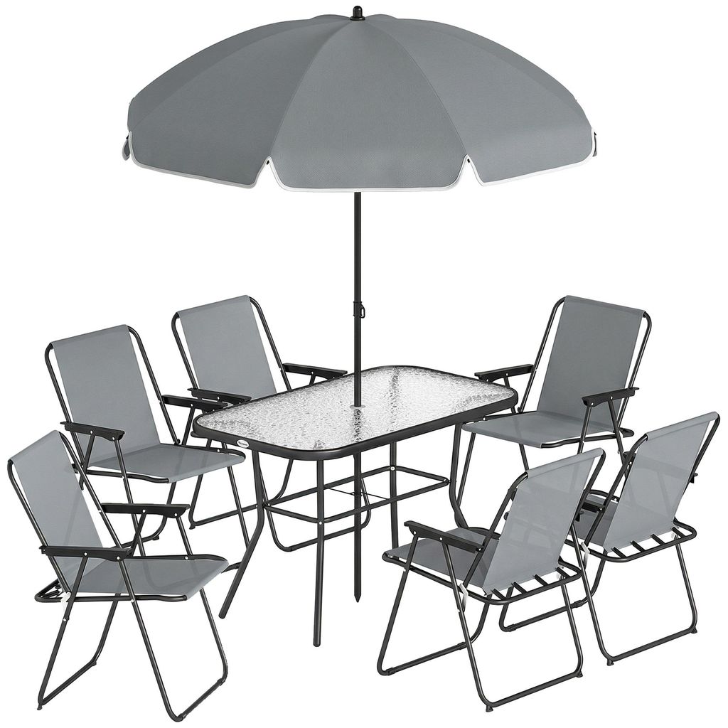 Gartenmöbel Set Sitzgruppe 119 x 68cm Glastisch mit 6 Klappstühlen Sonnenschirm Wasserwellenmuster Grau