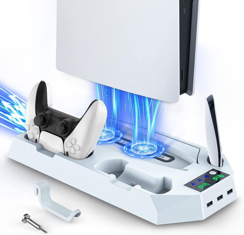 Ständer für PS5 Controller Dual Ladestation mit Lüfter Vertikaler Standfuß PlayStation 5, Weiß