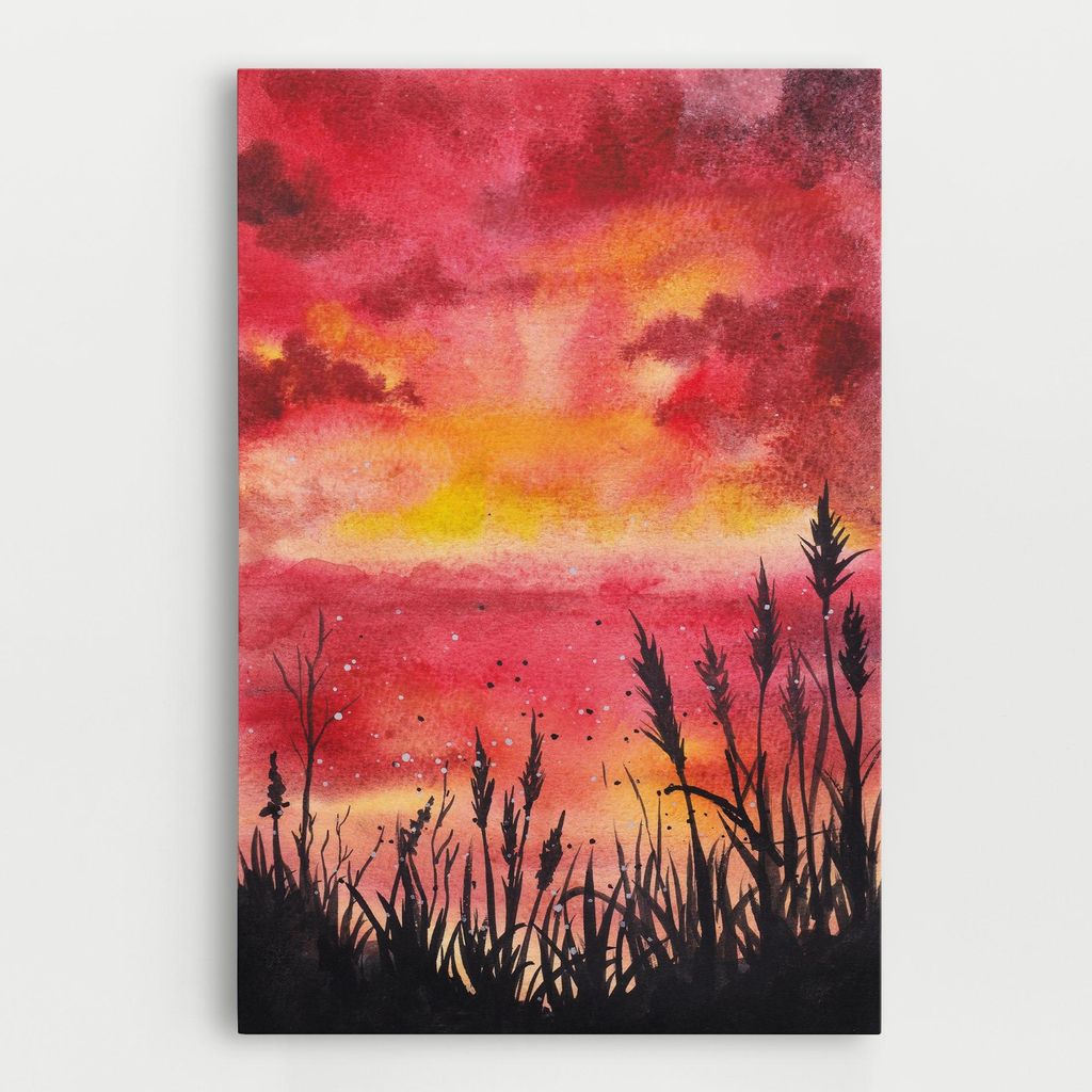 ARTHUB Leinwandbild 30x40 cm, Watercolor Pink Sunset Painting | Wohnzimmerdekoration, Hängende Bilder, Wanddekoration, Heimdekoration, Landschaf...